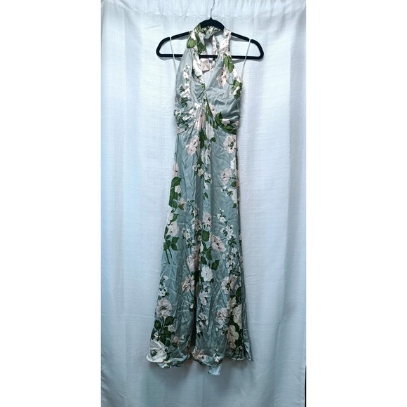 Reformation Women's 2 Veria Silk Tarragon Green Floral Maxi Halter Dress  NWT